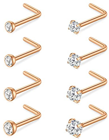 AceFun 18G Gebogene L-förmige Nasenstecker 1MM Edelstahl Nasensteg Nasenloch Piercing Diamant Zirkonia Piercing Körperschmuck Roségold 7MM