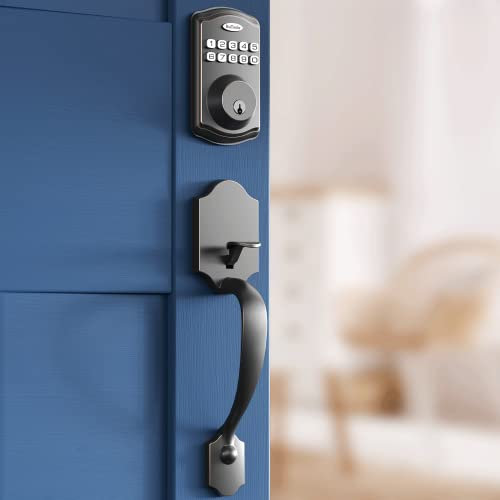 HuTools Serrure de porte à clavier avec poignée, pêne dormant sans clé, ensemble de serrures de porte avant pour portes gauches et droitières, verrouillage automatique, 20 codes utilisateur, facile à