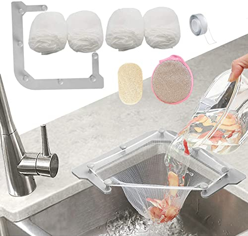 HiBD Küchenspüle Dreieck Tri-Holder Filter, Spülbeckensieb, Spülbeckenabflusssieb, mit einem dreieckigen grauen Gestell und 200 Stück großen Filternetzbeuteln für Küchenreste