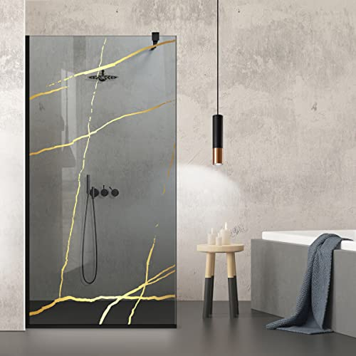 Aqua Roy Schwarz | Modell Marmor Gold | Größe 90 cm ab 70/80/90/100/110/120 | Walk in Duschwand | 8 mm Glas grau | mit NANO-beschichtetem sandgestrahltem Muster (90x195 cm)