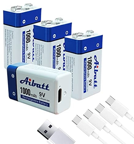 Aibatt Batterie 9V 1000mAh,avec connecteur de Charge Type C,Li-ION 6F22 Batterie Rechargeable pour Microphone,détecteur de fumée,Jouet électronique,Talkie-walkie,Batteries monoblo (4 Pack)