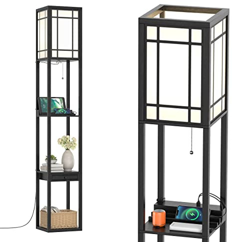 COSTWAY Floor Lamp with Shelves, 3 Layers Tall Standing Light with 2 USB Charging Ports and a Drawer Storage, Wooden Reading Lamp for Bedroom Living Room Office (Glossy)