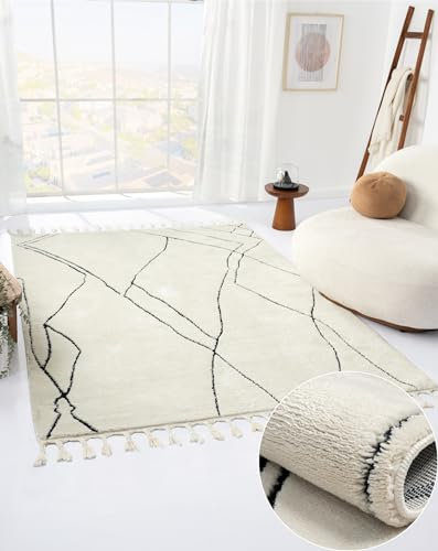 MY-RUG Teppich 160 x 230 cm Wohnzimmerteppich Lovis rechteckig weiß langflor Esszimmer, weicher Schlafzimmerteppich abstrakt Boho, Flauschiger Badezimmer-Teppich, skandinavisch, Landhaus