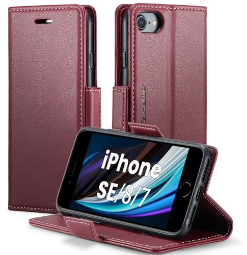 XYGLOW Handyhülle für iPhone SE 2022/2020 iPhone 8/7 Hülle Premium Leder Klappbar Kartenfach Magnet Standfunktion RFID Schutzhülle für iPhone 7/8/SE Case Wallet Klapphülle Lederhülle Wein Rot 4.7