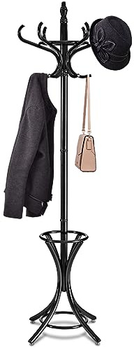 HOMASIS 184 cm Kleiderständer, Garderobenständer mit 12 Haken & Schirmständer, Jackenständer Garderobe aus holz für Mänteln, Hüten & Taschen, Standgarderobe für Schlafzimmer & Flur