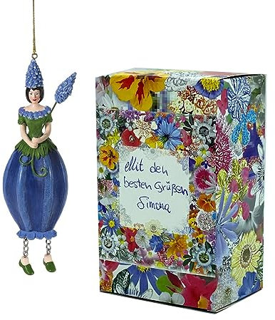 Fiebiger Floristik Blumen-Mädchen Traubenhyazinthenmädchen blau zum Hängen Elfen-Dekofigur Flower Fairy Figur Blumenfigur Skulptur Blumenkinder in Geschenk-Box
