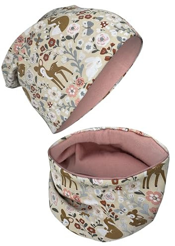 HECKBO 360° Reflektor Kinder Mütze & Loop Schal Set - Waldtiere - 2-8 Jahre 95% Baumwolle - weiches & pflegeleichtes Stretch-Material - Beanie Frühling Herbst