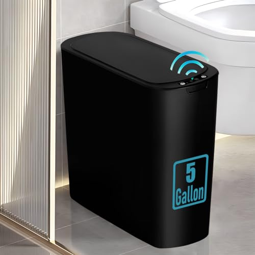 TIPGO 5 Gallon Automatic Bathroom Trash Can with Lid, Black, Touchless