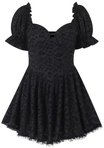 Vestido de Fiesta Negro con Escote en Pico y Manga abullonada, Elegante Vestido de Verano en Jacquard con Ribete de Encaje para Mujer-Negro-L