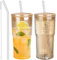 JunVpic Glass Cups with Lids and Straws, Amber 20 OZ Iced Water Glasses Tumblers for Ice Juice, Tea, Milk, Smoothie and Cold or Hot Drinks, Set of 2