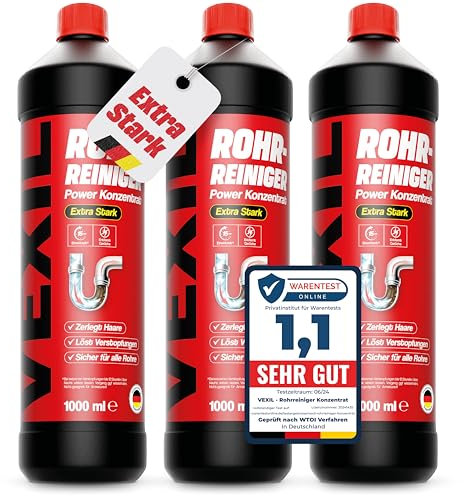 VEXIL Rohrreiniger - Profi Abflussreiniger EXTRA STARK für Extremfälle - 3x 1L Power Konzentrat löst hartnäckigste Verstopfungen wie Haare, Seifenreste, Fette - biologisch abbaubar - Made in Germany