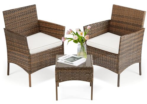 DUMOS Rattan Gartenmöbel Set, Wasserfest und Atmungsaktiv Terrassenmöbel, Balkonmöbel mit 2 Armlehnstühlen, 2-Personen-Möbelsets, Balkon Möbel Geeignet für Balkon, Garten, Hinterhof, Pool (Braun)