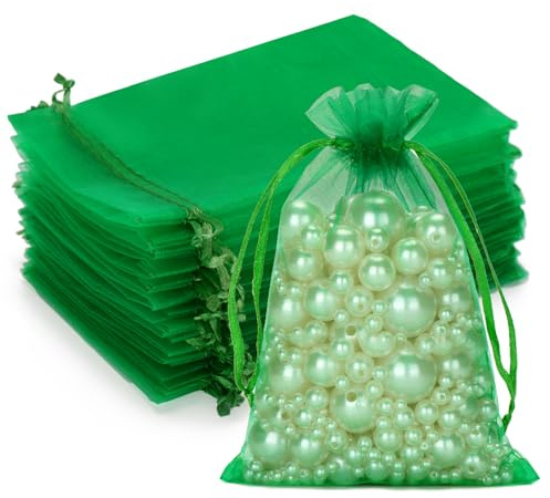 G2PLUS Green Organza Gift Pouches - 10x15 CM Medium Organza Favor Bags, 100 PCS Wedding Jewelry Bags - Clear Mesh Pouches Perfect for Wedding, Christmas, Birthday, Anniversary
