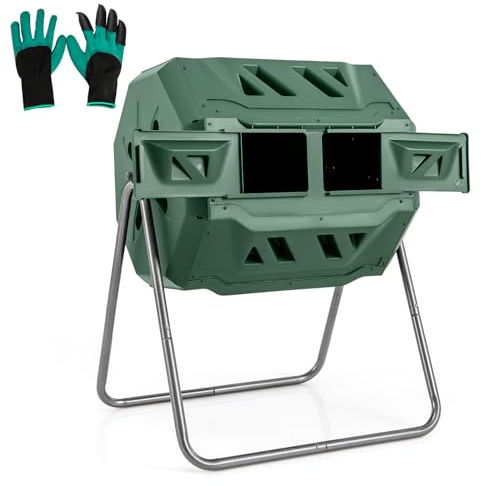 COSTWAY 160L Tumbling Composter, Garden Compost Bin with 360° Rotating Dual Chambers, Sliding Doors & Gloves, BPA-Free Compost Waste Bin Barrel, Easy and Fast Composing (160L, Green)