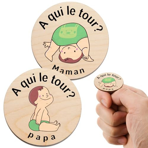 Cadeau Naissance Fille Garcon, Cadeau Bebe Personnalisé, Pièce de Décision en Bois Jeton à qui le tour Papa Maman, Cadeau Bapteme Cadeau Baby Shower Futur Parents Jeune Maman Femme Enceinte Futur Papa