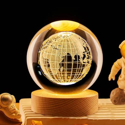 Luz nocturna de bola de cristal 3D de 6 cm, luz nocturna de bola de cristal regulable de 3 colores con base LED de control, modelo de planeta grabado en 3D de 2.36 pulgadas para decoración del hogar
