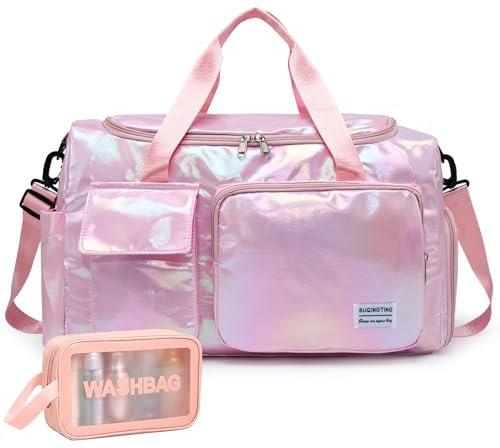 Petit sac de sport pour femme, sac de voyage avec compartiment à chaussures, Z6#Rose brillant, Sac de sport et trousse de toilette