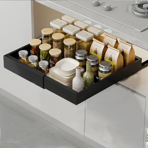 buysigo Teleskopschublade,Erweiterbar Ausziehbare Schubladen-Aufbewahrungsregale für Küchenschränke,verstellbare Breite 32 cm bis 52 cm, Kein Bohren und Nageln Erforderlich（schwarz）