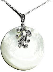 KRAMIKE Vintage Art Deco Necklace, Sterling Silver, Genuine Round White Mother of Pearl Shell Pendant, Marcasite Jewelry, Retro Inspired Jewelry (Gift Wrapping: Free, Necklace/Collier: Pendant)