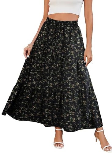 Timuspo Damenrock Lang Maxi Skirt Casual Langer Sommerrock Plissiert Chiffon Elegant Rock für Damen mit Taschen Leicht Strandrock Freizeitrock Blume Schwarz XL