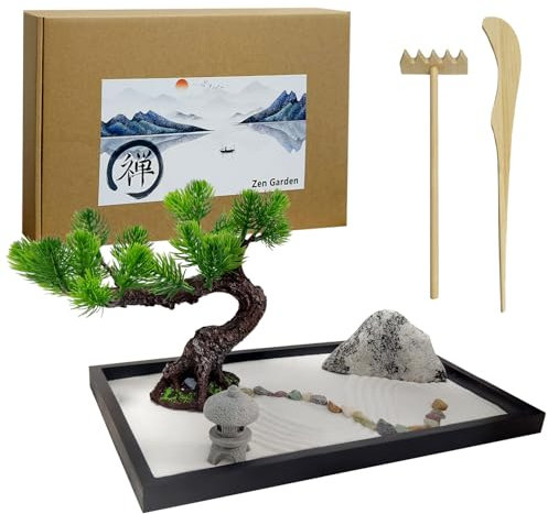 LuXianYS Kit de décoration Jardin Zen Miniature 12x8 Pouces, Mini Jardin Japonais avec Sable, Jardin Zen, Deco Zen intérieur, Jardin Japonais décoration pour Détente et Méditation à Domicile