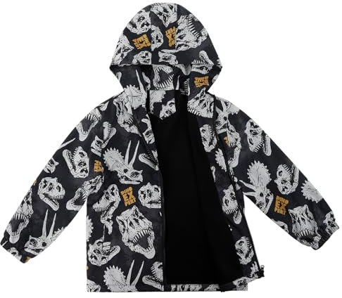 LACOFIA Veste Imperméable Enfant Garçon avec Doublure Polaire Veste Chaud Coupe Vent à Capuche Blouson de Pluie Automne/Hiver pour Enfant Dinosaure Noir 11-12 ans