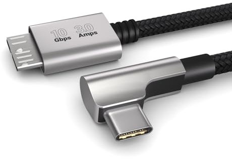 PAXO Câble USB C vers Micro-B 0,5m 10Gbps, connecteur coudé 90°, USB 3.2, câble pour disque dur, câble USB HDD, SSD, NVME, noir