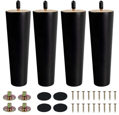 KINDPMA 4PCS Solid Wood Furniture Legs 20cm Wooden Sofa Legs Chair Legs Table Leg Black Furniture Replacement Feet with Mounting Plates Screws Non-Slip Mat for Chair Bed Couch Table TV Cabinet
