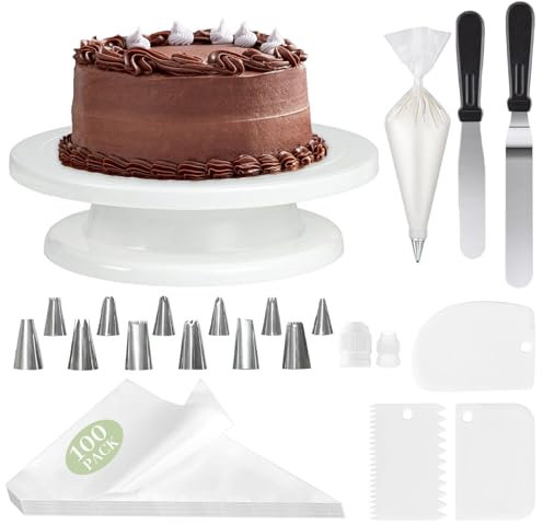 Bandeja para Tartas, Juego de Decoración de Tartas Prémium de 120 piezas: Soporte Giratorio para Tartas con Espátula para Tartas, Mangas Pasteleras con Boquillas