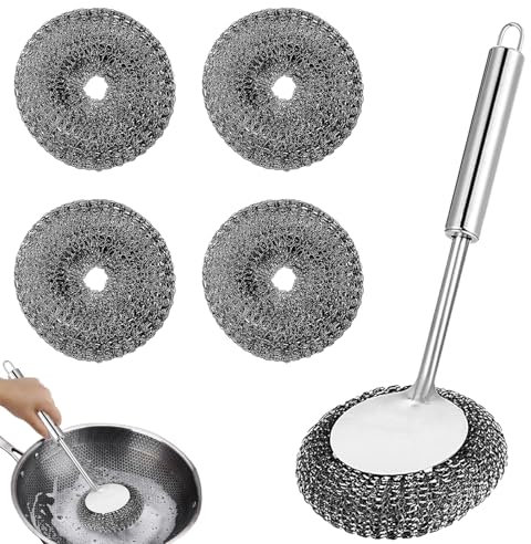 FHBHJNATC 5 Stück Set Stahlschwamm Griff, Topfreiniger Edelstahl, Stahlwolle Schwamm, es Wird Verwendet, um Küchenutensilien wie Küchenherde, Töpfe, Schüsseln, Töpfe Usw. zu Reinigen