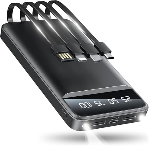 Portable Charger 40000mAh Power Bank with 4 Built-in Cables, 5 Outputs & 3 Inputs, Travel Essentials with Flashlight, USB C Battery Pack for iPhone 16 15 14 13 12 11, Android Charger, iPad Tablet