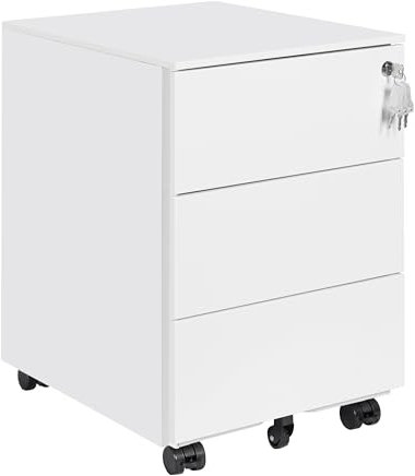 LVSTEEL Rollcontainer mit Schubladen, Mobiler Aktenschrank unter Schreibtisch, Abschließbarer Büroschrank, Druckertisch, 3 Schubladen 4 Schlüssel, Vormontiert, Büro, Homeoffice, Weiß