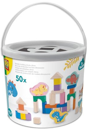 SES Creative 13204 Holzbausteine Dino - 50 Teile im Eimer - Spielset für Kinder ab 12 Monaten - Baue Türme und Figuren - Perfekt für kreatives Spielen
