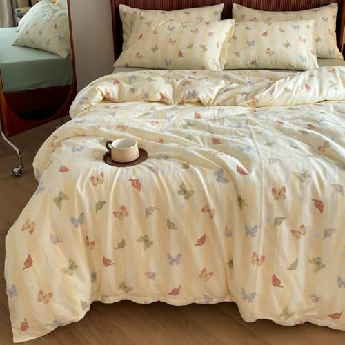 Lanqinglv Bettwäsche 200x200 cm Mädchen Gelb Bunt Schmetterling Bettwäsche aus Microfaser,ÖKO-TEX Bettwäsche Set - Bettbezug mit Reißverschluss und 2 Kissenbezug 80x80 cm