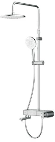 AM.PM X-Joy S - Duschsystem mit Thermostat und Glasablage, Duscharmatur Komplettset mit Regendusche 22 cm, Duschset mit Armatur, Handbrause 3 Strahlarten und Unterer Auslauf, Chrom