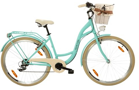 Goetze Mood Damen Fahrrad, City Bike 26/28 Zoll, 6/7-Gang mit Korb | Tiefeinstieg, Shimano-Antrieb, V-Brakes, LED-Beleuchtung, Reflektoren, komplett ausgestattet