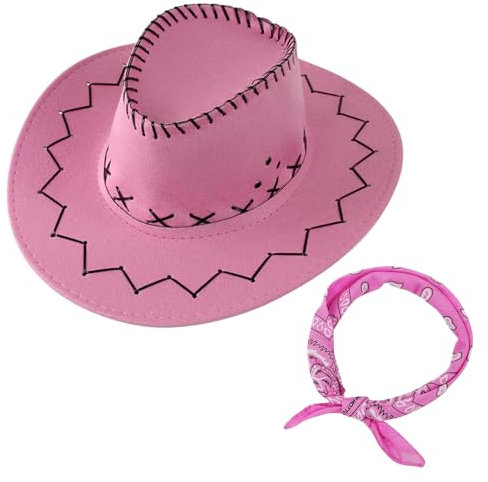 Cowboy Hat and Bandana Set for Women Men Womens Cowboy Hat Classic Western Cowgirl Cowboy Hat Women with Belt Sun Hats with Wide Brim Vintage Style for Women Men (UK, Alpha, One Size, Pink)