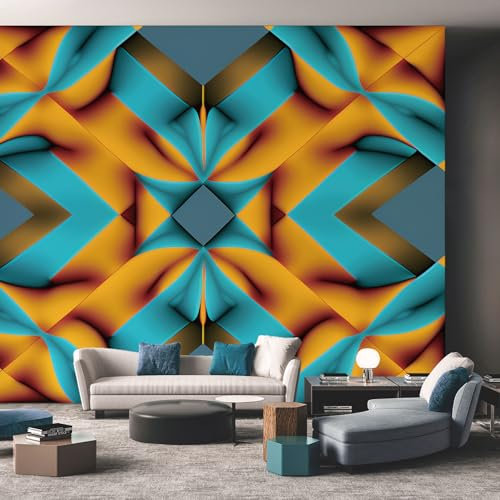Orange and Teal Mural Wallpaper, Optical Illusion Abstract Geometric Wallpaper for Living Room, TV Backdrop, Office, Hotel Wall Background, Wall Decoration Non-Woven Wallpaper 300 x 210 cm (WxH)