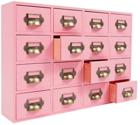 Garbenat Holz Schubladenbox 4 X 4 Stufige SchubladenOrganizer Vintage Apothekerschrank mit 16 Schubladen Schlafzimmer-Organisation Massivholz Aufbewahrung für Gewürze, Medikamente (Rosa)