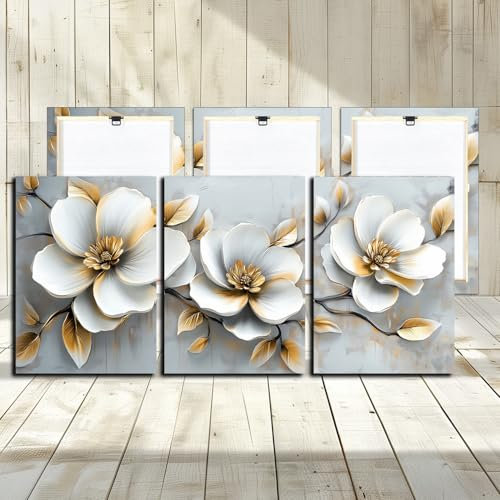 BLUE RED CYAN Toile murale à 3 panneaux – Impressions sur toile de peintures à thème paysage de grandes fleurs blanches – Œuvre d'art encadrée prête à être accrochée pour la décoration murale