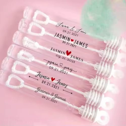 Personalisierte Seifenblasen-Aufkleber for Hochzeiten, benutzerdefinierte transparente Seifenblasenstäbe, Namensaufkleber, transparente Hochzeitsdekoration, 100 Stück