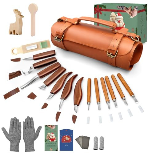 COZYGIFT Wood Carving Kit for Adults & Beginners - 31-Piece Set with 7 Whittling Knives & 6 Detail Gouges, 2 Pre-Carved Basswood Blocks, Leather Roll & Splinter-Free Handles for Woodworking & DIY Gift