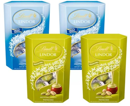 Lindt Lindor Chocolate Truffles Gift Set, Milk White and Pistachio Flavours, 4 Boxes