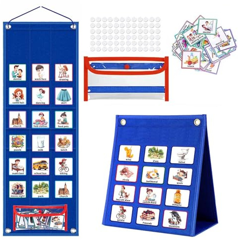 Visual Timetable, Children Visual Daily Routine Chart with 96 Picture Cards, Visual Now and Next Board Learning Aid Tool to Support Communication, Routine and Transition(Blue)
