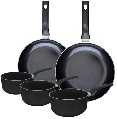 Fackelmann Keramik-Set mit 2 Pfannen 28/30 cm und Töpfen | 5-teilig aus recyceltem Aluminium, Antihaft-Keramikbeschichtung, 2 Pfannen 28 und 30 cm, 3 Töpfe 16 18 20 cm, PFAS-frei