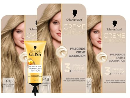 Schwarzkopf Creme Supreme Coloration 9-16 Helles Kühles Blond (3x182 ml), dauerhafte Haarfarbe & GLISS SOS-Intensiv-Kur Oil Nutritive 15ml, natürlicher Glanz und Geschmeidigkeit