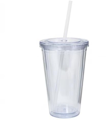 Vaso de plástico de doble pared, reutilizable con tapa a prueba de fugas y popote, vasos de plástico transparente para café helado, 350/450/650 ml (450 ml)