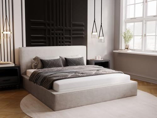 GRAINGOLD Monaco Bett 140x200, Polsterbett mit Bettkasten, Polsterbett mit Stauraum, Velour, mit Lattenrost, mit Kopfteil, ohne Matratze (Hellgrau, 140x200)