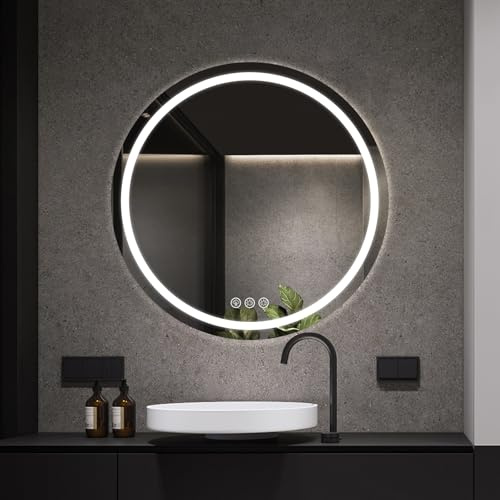 Simusi 70cm LED Espejo Baño con Luz de Redondo, 3 Colores Luz, Antivaho | Espejo de pared impermeable IP44, luz regulable, cristal templado resistente para baños