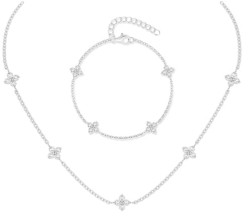 JeweBella Kette Silber Damen Gold Armband Schmuck Set Verstellbare Choker Kette Damen Blume Armband Halskette Herz Zirkonia Schmuck Geschenk Brautschmuck